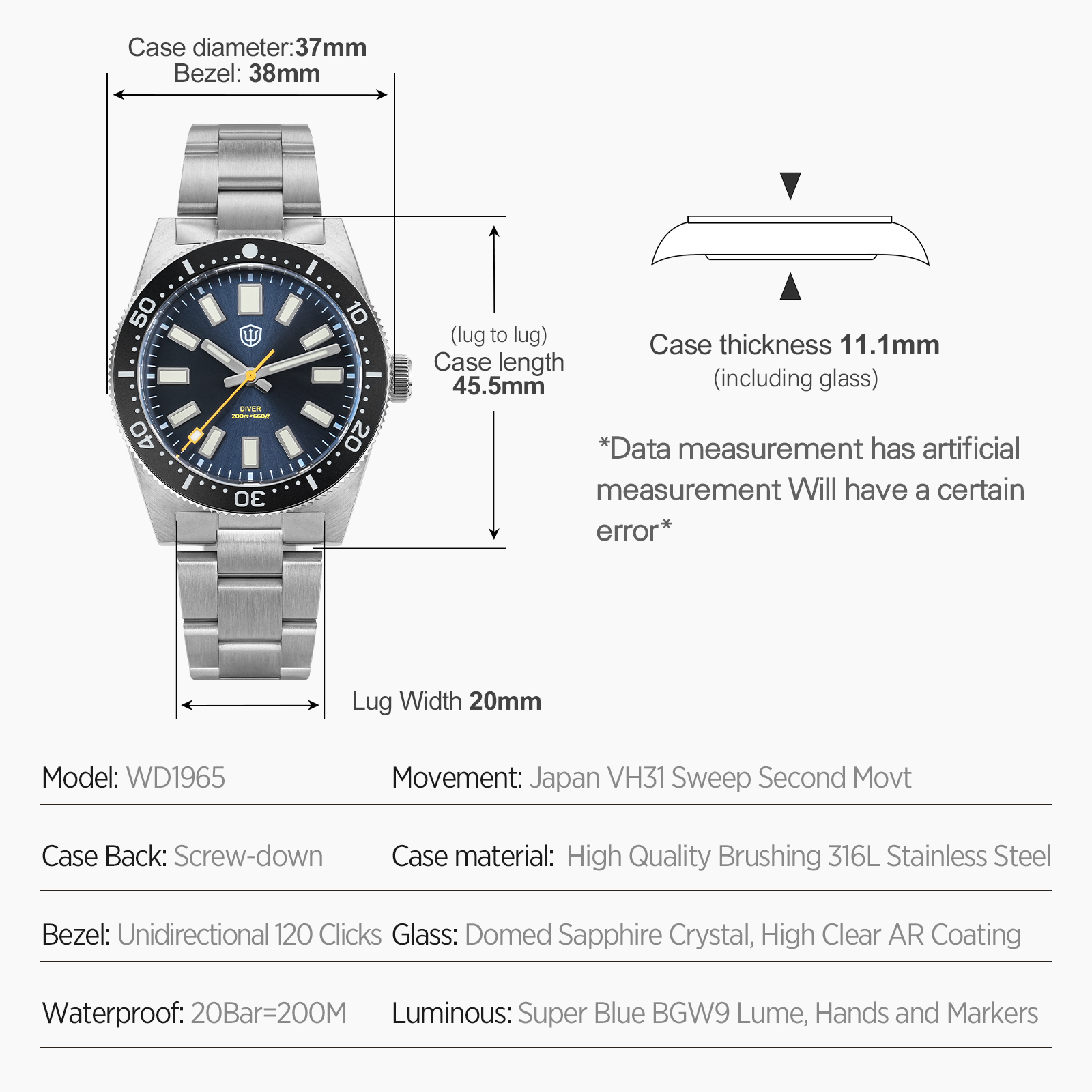 Watchdives 37Mm WD1965 V2 Man  - Luxury Watch Straps recensie en prijs